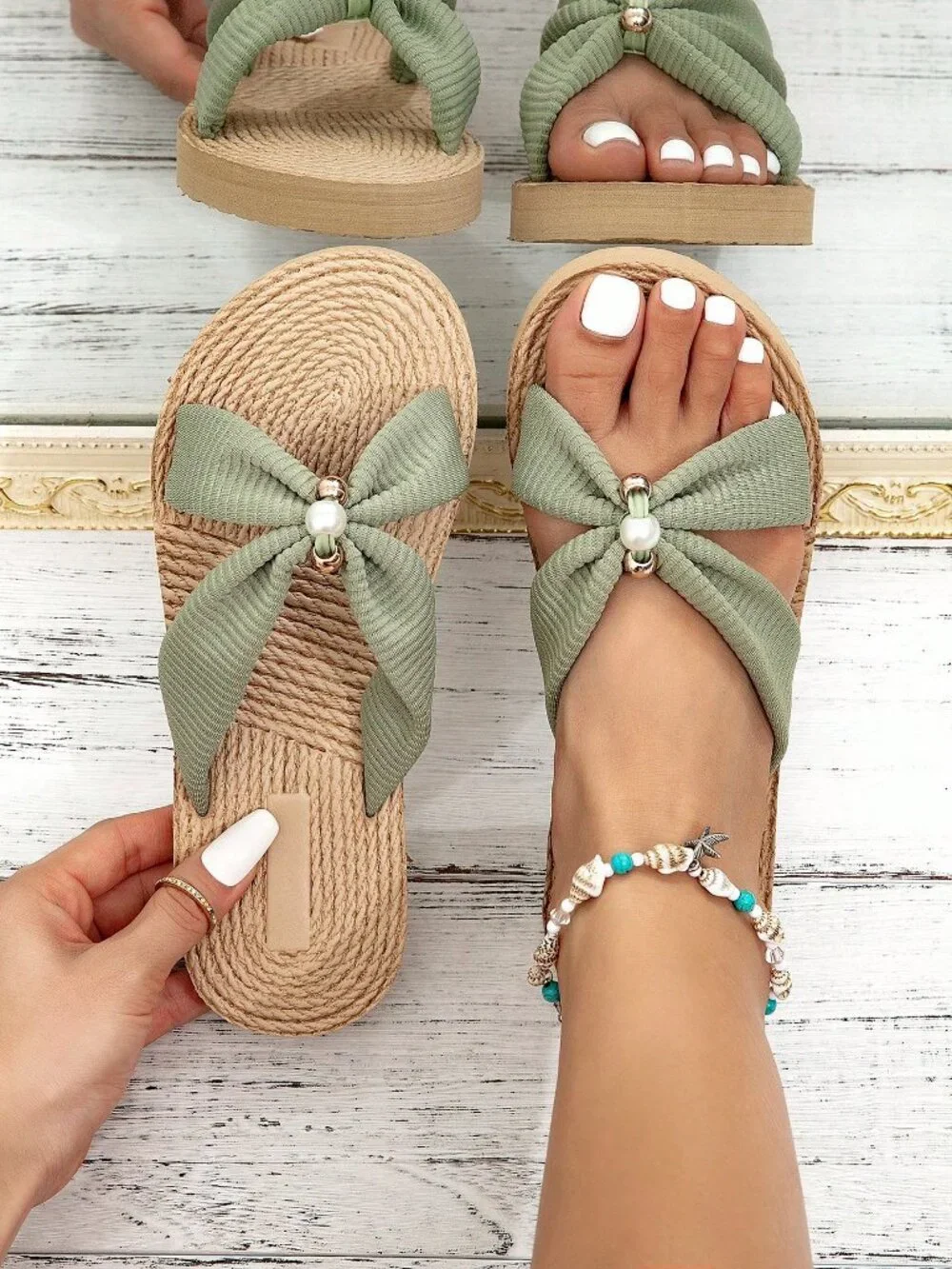 Green Bohemian Women's Flat Open Toe Sandals with Thick Rope Textured Soles - Picture 2 of 5